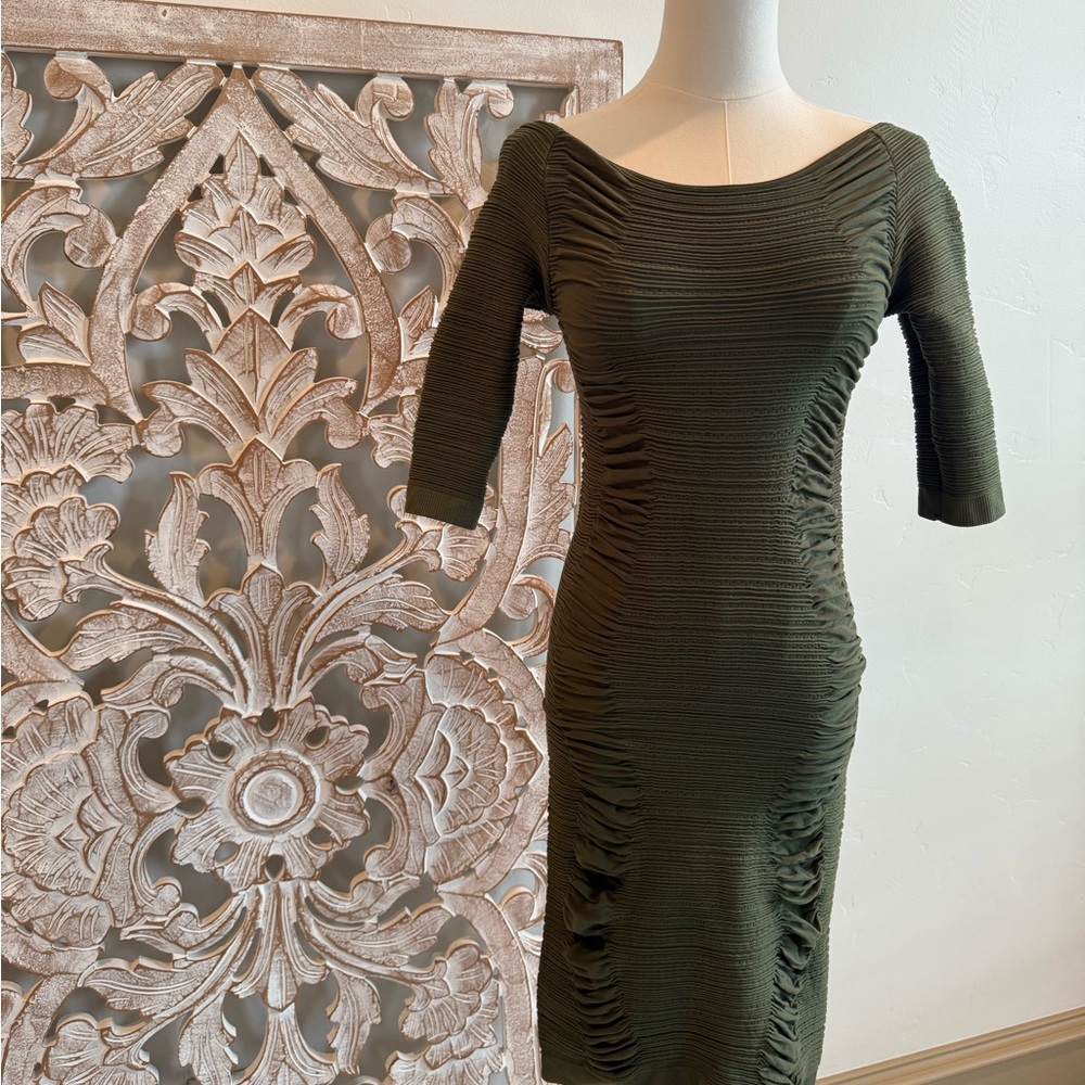 Olive Green Ruched Bodycon Midi Dress – Sleek & Sophisticated